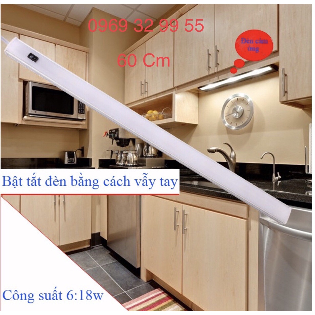Bộ Đèn LED Tủ Bếp 60cm,12W. Có Cảm Biến Vẫy Tay. Dùng Thanh nhôm U16-7mm, SX Việt Nam. Bh đổi mới 1 năm