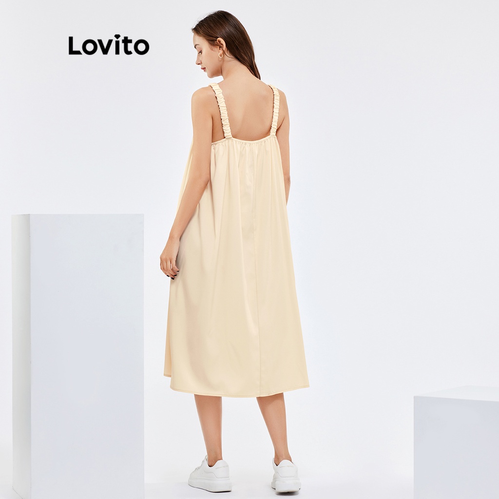 Lovito Đầm XếP Ly Có Dây Thun Trơn Đơn GiảnL25Ad076 (Vàng NhạT)