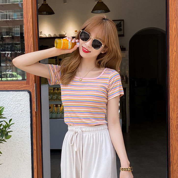 Áo thun BH cotton cổ vuông họa tiết kẻ sọc thời trang mùa hè 2021 cho nữ