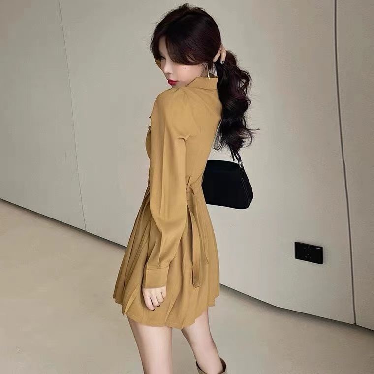 In the early autumn of 2022, the new royal sister Fan Yuan's temperament, high sense, long sleeves, waist pleated dress, female.