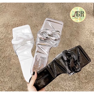 Dép bản mica phối xích lót đệm bóng thêu xịn xò