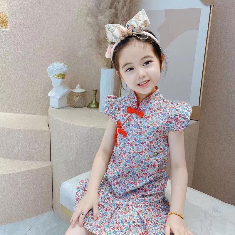 Đầm Sườn Xám Cách Tân Tay Ngắn Bằng Vải bông Phong Cách Trung Hoa Dành Cho Bé Gái 1-9 Tuổi
