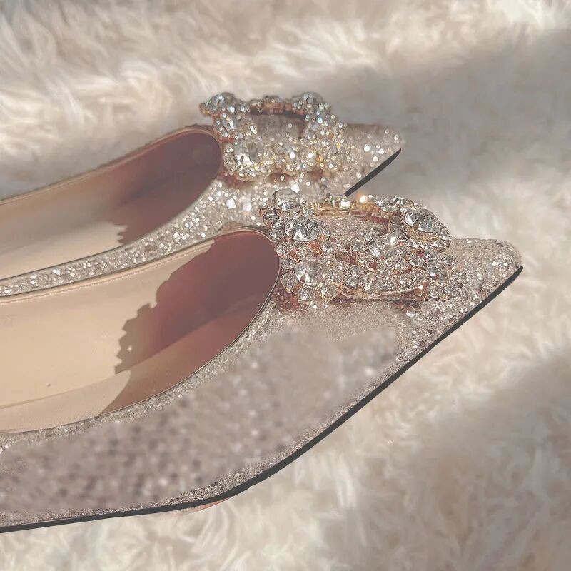 Rhinestone Flats Giày Búp Bê Mũi Nhọn Đính Đá Kim Sa Màu Trắng Miệng Nông Cho Nữ