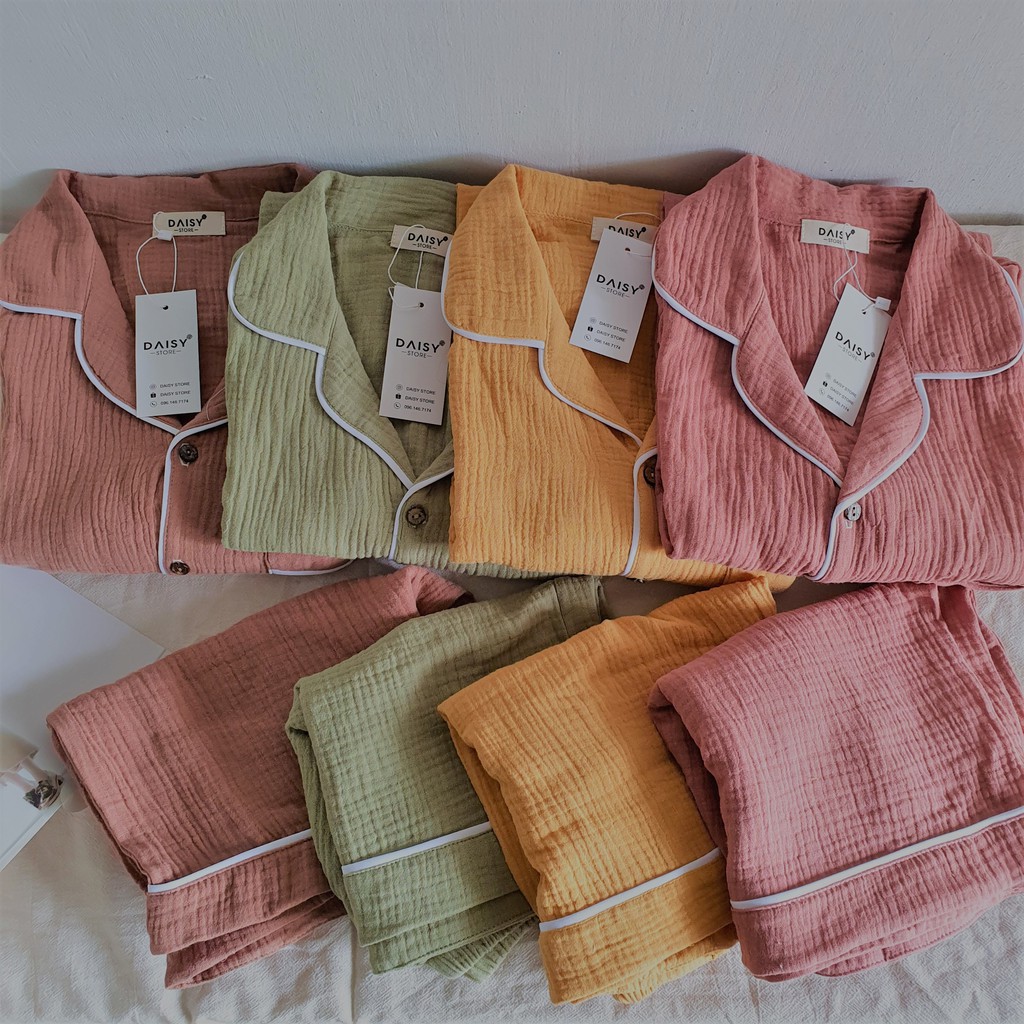 Pyjama mặc nhà đùi xô muslin trơn với bảng màu xinh Hàn