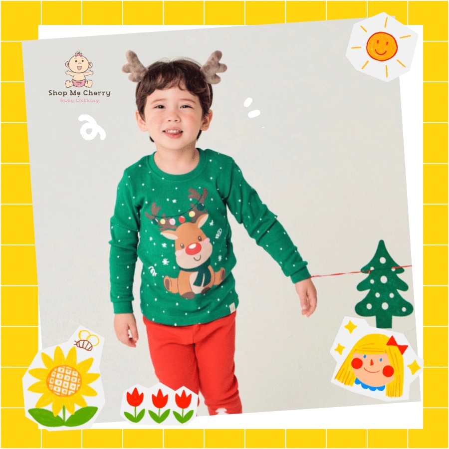 Bộ Noel Tuần Lộc Xanh Lá Của Hãng TTASOM, Chất Thun Cotton Organic