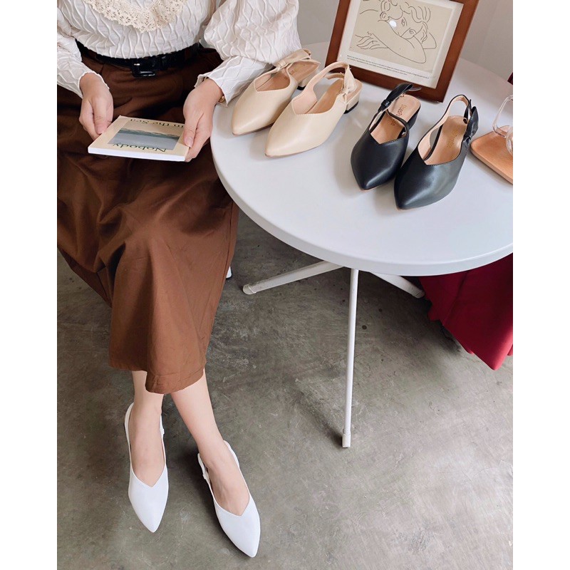 Giày nữ đế bệt nơ xinh xắn bít mũi tim cao 2cm dáng slingback khuyết eo thời trang tinh tế thanh lịch