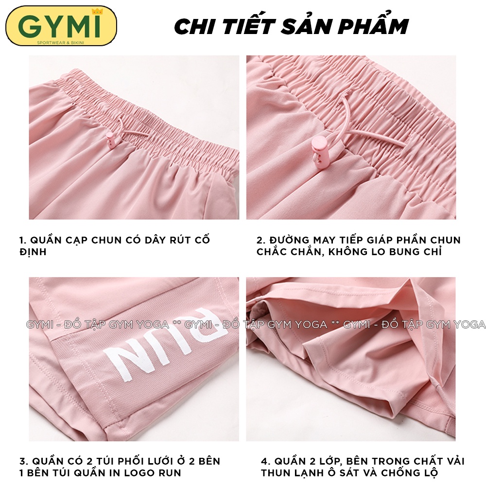 Quần tập gym yoga nữ GYMI QS15 dáng đùi short 2 lớp thể thao chât thun lạnh phối lưới chạy bộ co giãn
