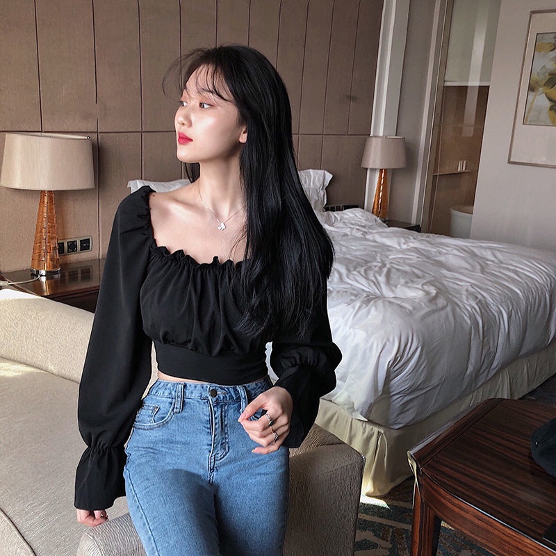 IELGY Áo Sơ Mi chiffon Tay Dài Phồng Cổ Vuông Phong Cách Hàn Quốc Dành Cho Nữ