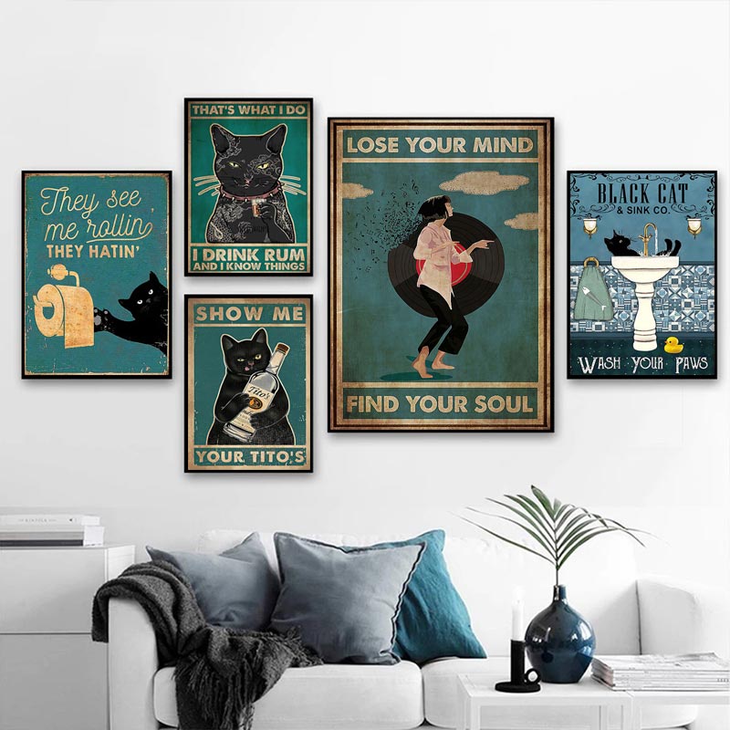 Tinh Thần Mèo Đen Áp Phích Khăn Ăn My Lord Art In Vintage Hello Sweet Cheeks Ngộ nghĩnh Phòng Tắm Canvas Tranh Trang Trí Nhà