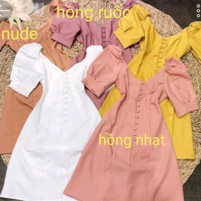 Đầm tay phồng nút bọc