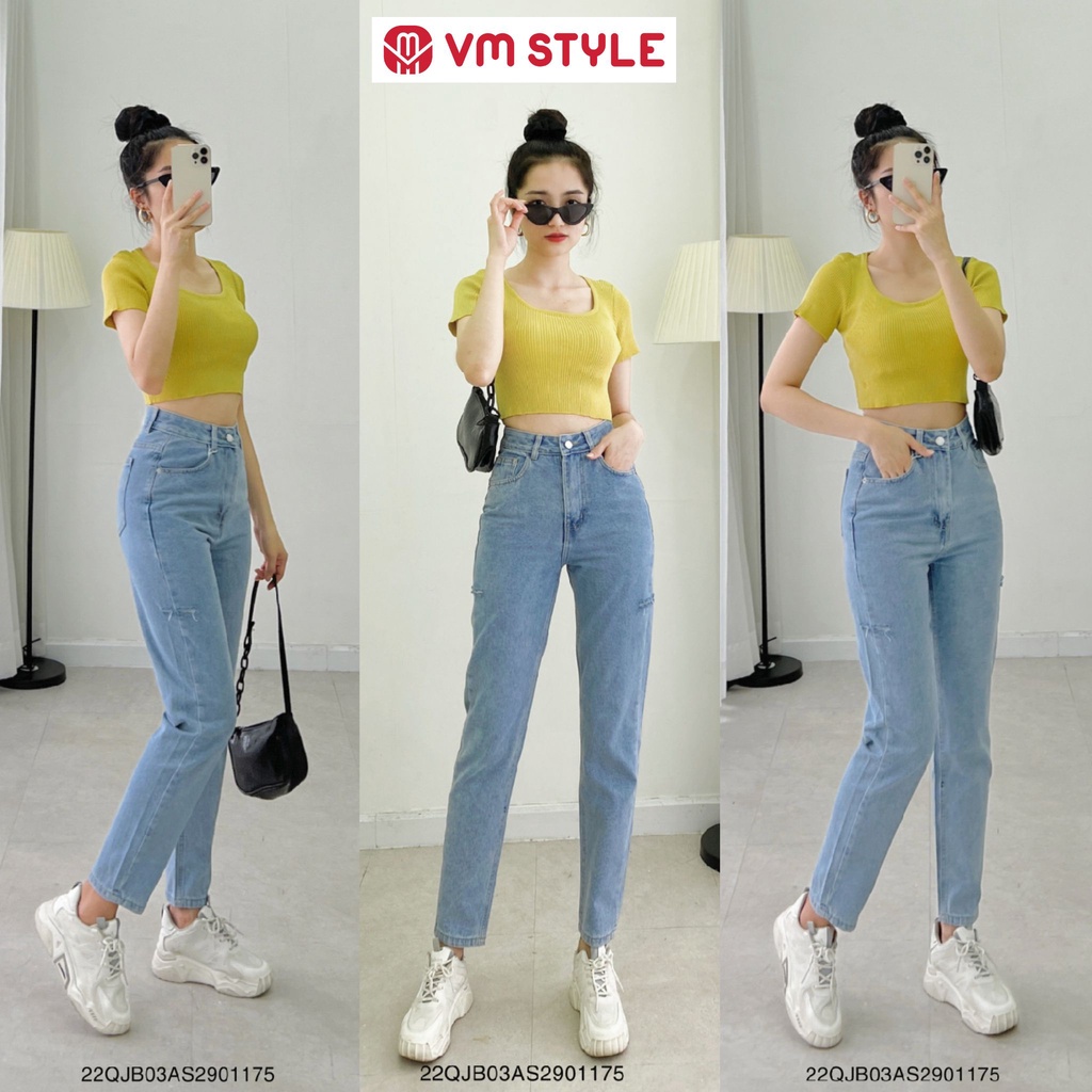 Quần jean baggy nữ VM STYLE lưng cao đi học (không co giãn) ulzzang rách bên lua tua N112 thời trang 22QJB03AS2901