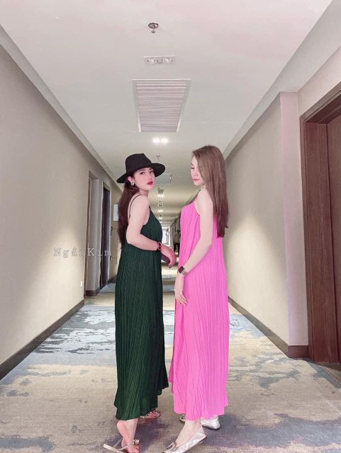 Váy hai dây dập ly kèm dây buộc đai siêu hót hít hàng qc l1