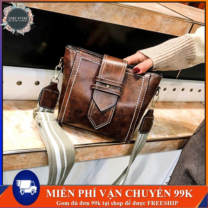 Túi đeo chéo nữ Hàn Quốc phong cách vintage thêu chỉ nổi khoá cài dọc, dây đeo bản to, 2 ngăn lớn tiện dụng