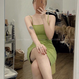 Đầm body hai dây chất liệu len gân co giãn siêu tôn dáng cá tính gợi cảm