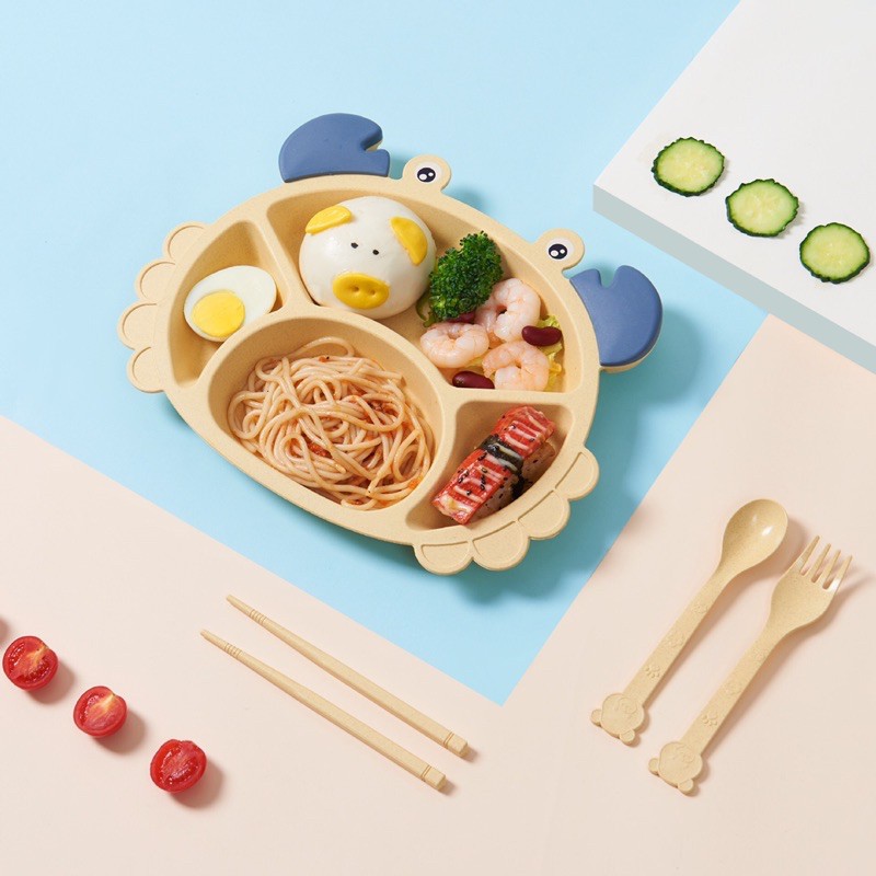 Set 6 Món Ăn Dặm Kiểu Nhật Hình Cua Vàng Cho Bé, Set Full Phụ Kiện Ăn Dặm Cho Bé Yêu