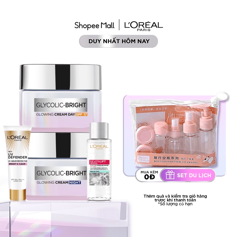 Bộ kem ngày đêm sáng da tức thì Glycolic Bright 50ml x2 &amp; tẩy trang kiềm dầu &amp; chống nắng bảo vệ L'Oreal Paris