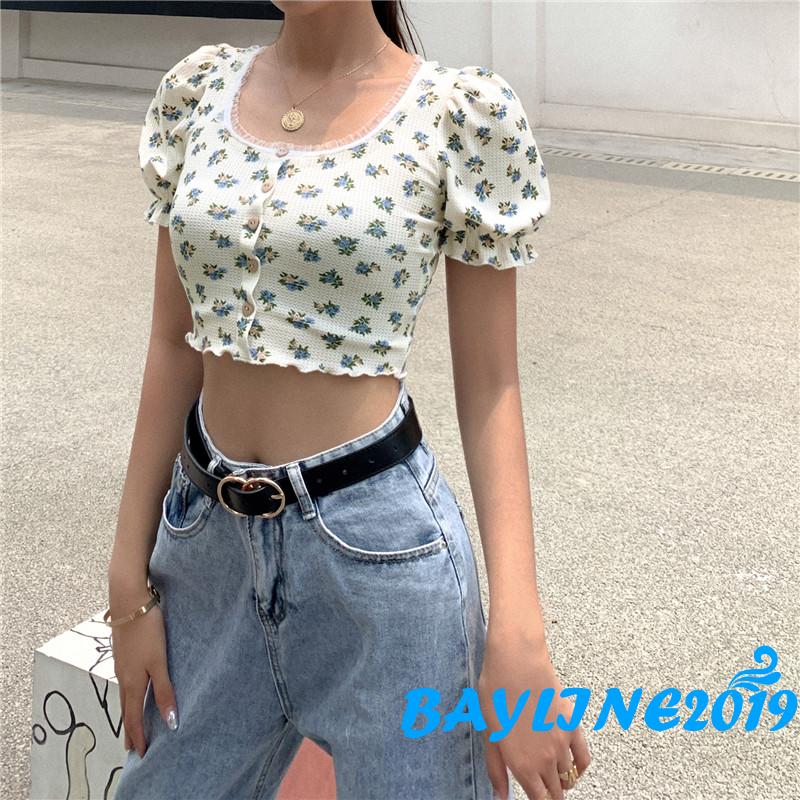 Áo croptop tay phồng in họa tiết hoa xinh xắn cho nữ