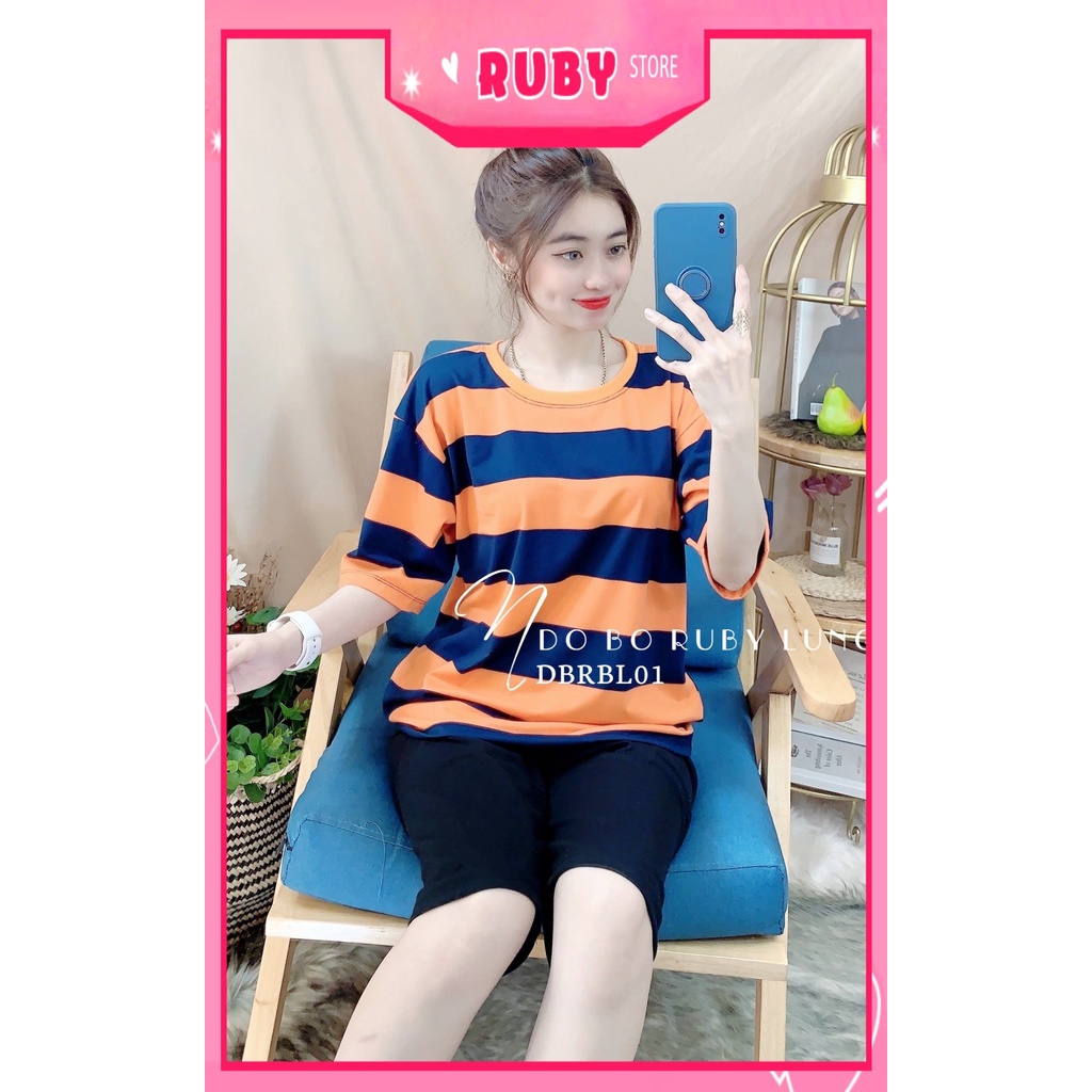 Đồ bộ thun lửng cho nữ mặc nhà chất vải mềm mát phối sọc in họa tiết xinh xắn DBRBLCT