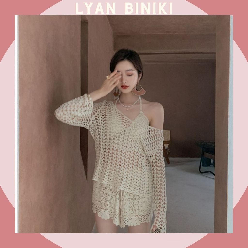 ✙Bikini đồ bơi nữ 2 mảnh áo choàng len móc kín đáo cao cấp đi biển LYAN B02