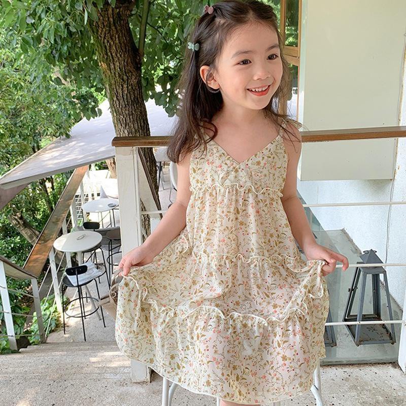 Đầm công chúa hai dây cổ chữ v in họa tiết hoa thời trang mùa hè cho bé gái 3-8 tuổi