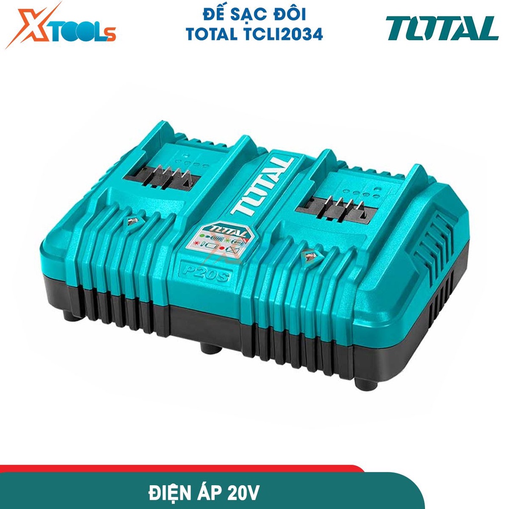 Bộ sạc pin đôi siêu nhanh TOTAL TCLI2034 điện áp đầu ra 21V, dòng điện sạc 4Ah, sạc pin 2Ah trong 30ph-CHÍNH HÃNG-XTOOLS