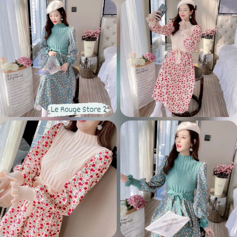 (ORDER) Váy len phối hoa nhí hàng thiết kế Quảng Châu đẹp có 3 màu có size đầm nữ thiết kế thu đông