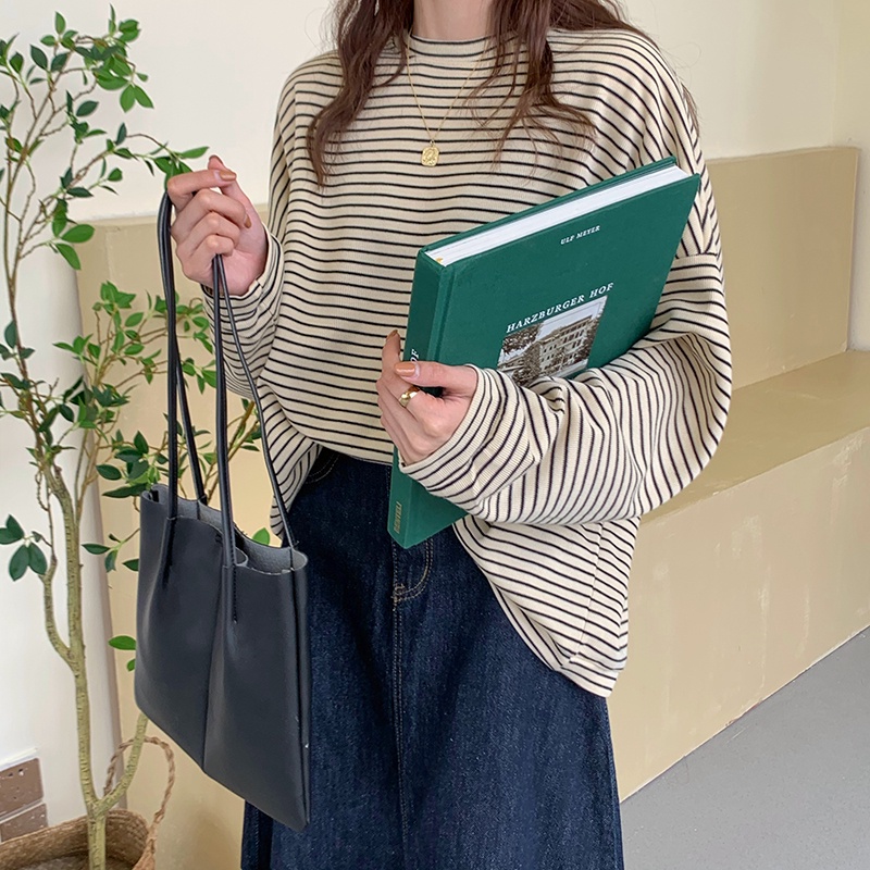 Áo thun XIAOZHAINV tay dài cổ tròn họa tiết kẻ sọc phong cách Hàn Quốc cho nữ