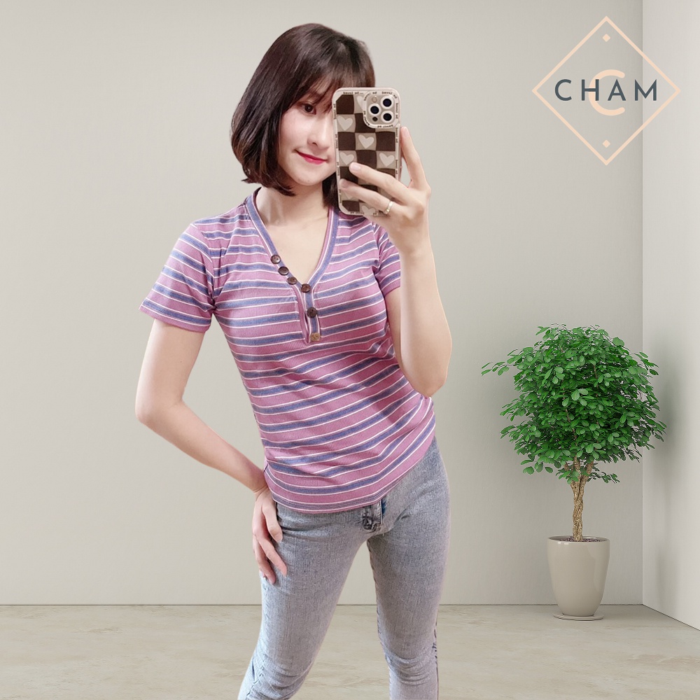 Áo phông nữ mùa hè Cham áo cộc tay cổ tim siêu co dãn kẻ ngang | BigBuy360 - bigbuy360.vn