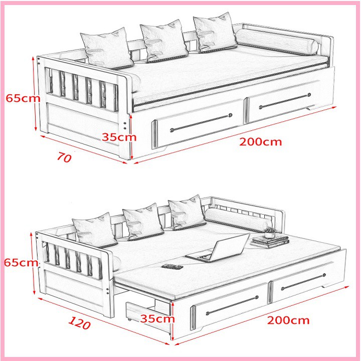 Sofa giường gỗ thông minh sơn trắng 120x200CM - Sofa giường gỗ kèm đệm gối