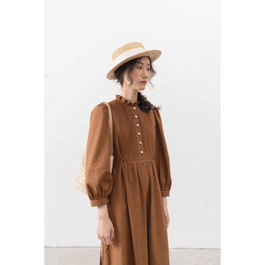 Váy liền dài tay vintage cổ nhún bèo nâu MADELEN
