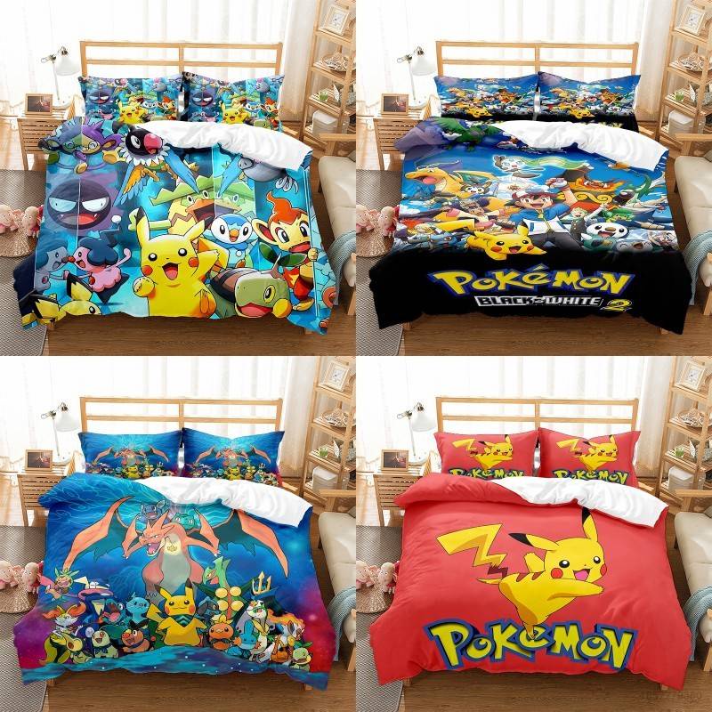 Bộ Chăn Ga Và Vỏ Gối 3 Trong 1 In Hình Pikachu Dễ Thương