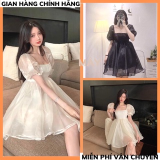 Váy babydoll nữ tay phồng Cổ vuông- Đầm công chúa tiểu thư dáng xoè chất voan 2 lớp bồng bềnh phong cách hàn quốc