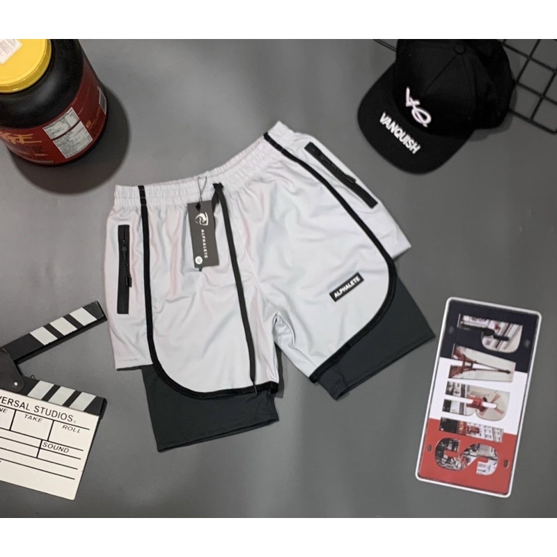 [Giảm sốc] quần short gym nam 2 lớp ALPHALETE ,quần short thể thao.