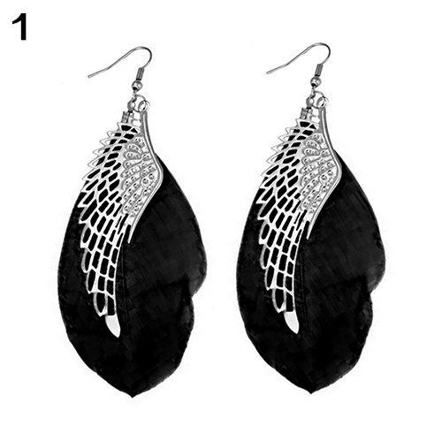 Khuyên tai làm thủ công bằng lông vũ phối mặt hình đôi cánh kim loại