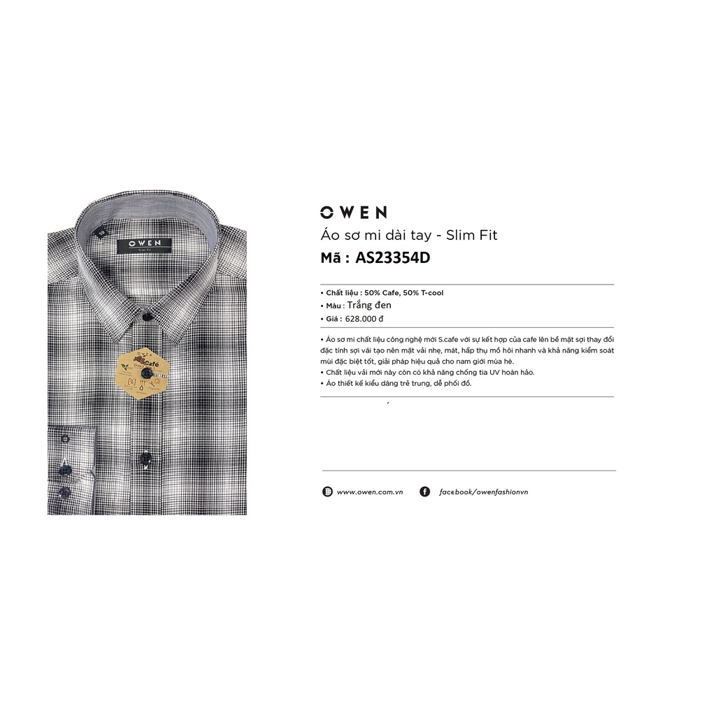 Áo Sơ Mi Nam Dài Tay Owen AS23354D Somi Công Sở Cao Cấp Màu Sọc Caro Loang Trắng Đen Dáng Ôm Không Túi Chất Café Mềm Mát