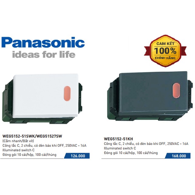 Công Tắc C, 2 Chiều, Có Đèn Báo Khi OFF Dòng Wide Series Panasonic - WEG5151-51KH/WEG51517H, WEG5152