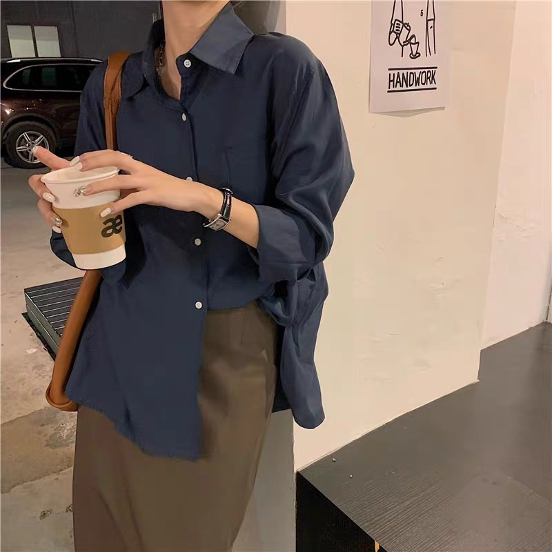 [Mã FAMARAL1 giảm 10K đơn 50K] Áo somi tay dài nữ màu Xanh Navy (Kèm ảnh thật) | BigBuy360 - bigbuy360.vn