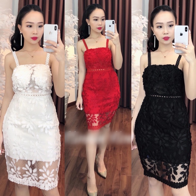 Đầm body cúp ren nổi đính hạt 2 dây