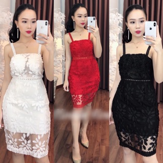 Đầm body cúp ren nổi đính hạt 2 dây