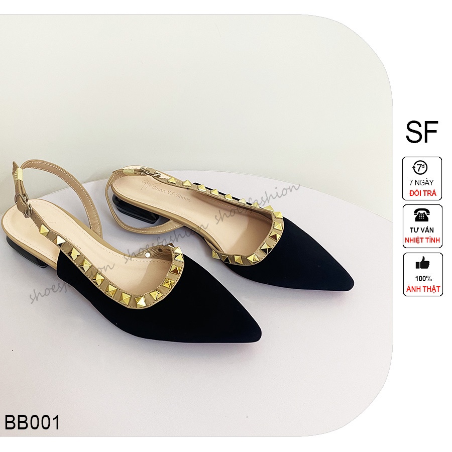Giày quai hậu đinh da lộn Shoes Fashion 2cm mũi nhọn, giầy bệt nhung đinh tán khoét eo - BB001