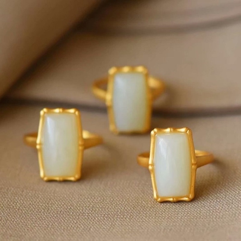 Nhẫn Mở Hình Đốt Tre Màu Trắng Ngọc Bích Phong Cách Cổ Điển Thời Trang Cho Nữ