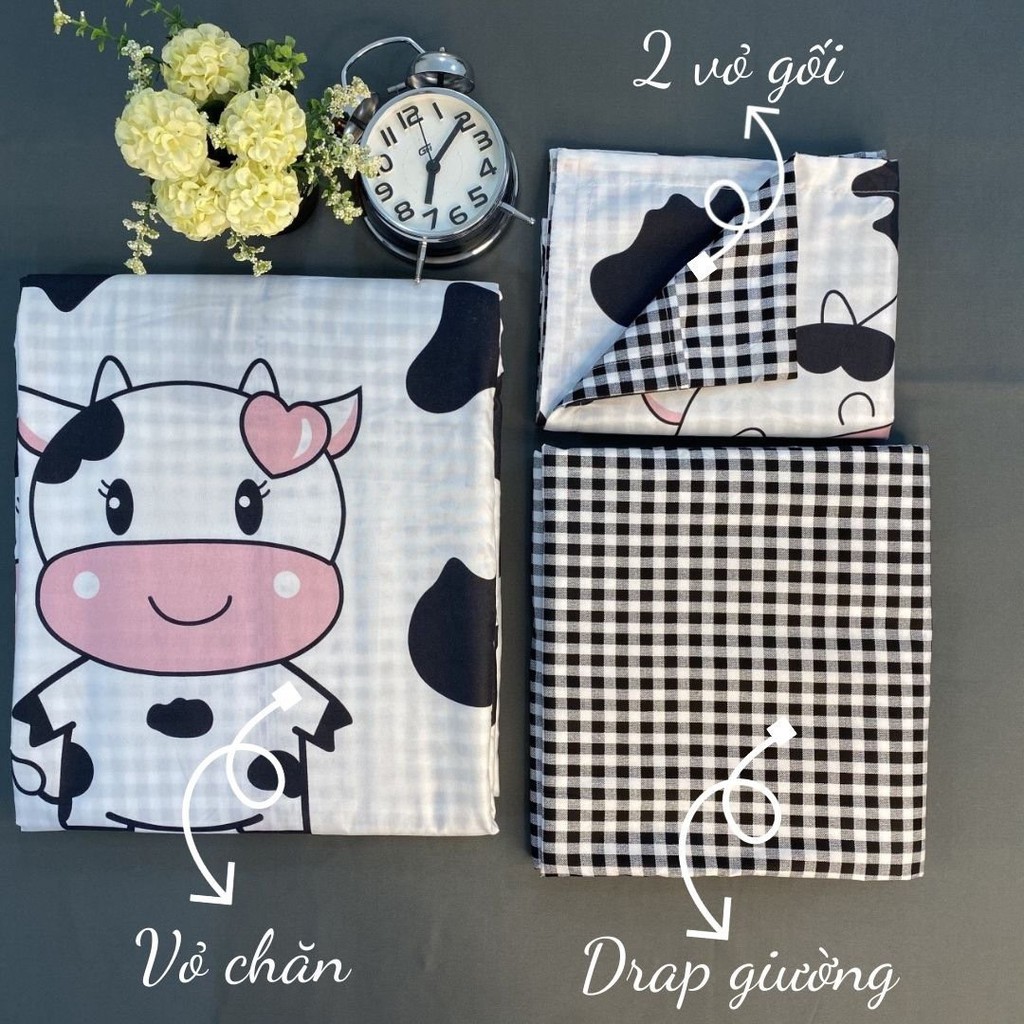 Bộ chăn ga gối Cotton poly M2T bedding Bò sữa đen, vỏ chăn mền, drap nệm và 2 vỏ gối