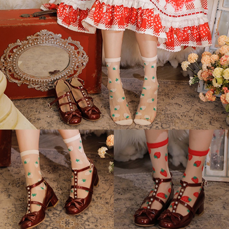 Xiangbao Vớ Lưới Thoáng Khí In Hình Trái Dâu Tây Ngọt Ngào Harajuku Lolita Mùa Hè Cho Nữ
