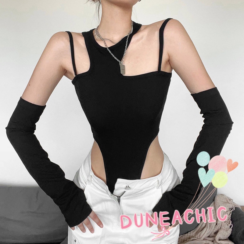 DUNEA Bộ Áo Liền Quần Ôm Dáng Có Găng Tay Và Dây Đeo Quyến Rũ Dành Cho Nữ