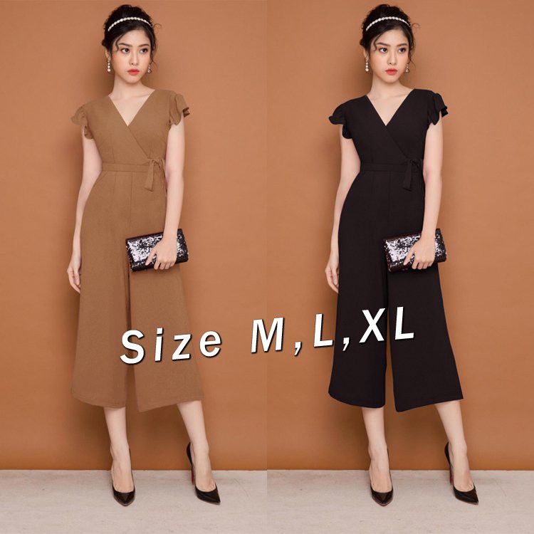 Jumpsuit cổ tim thắt nơ eo quần lửng ống rộng thiết kế cao cấp