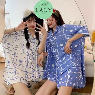 Bộ đồ ngủ nữ pijama tay lỡ , bộ mặc nhà họa tiết gấu dễ thương LALY BN01