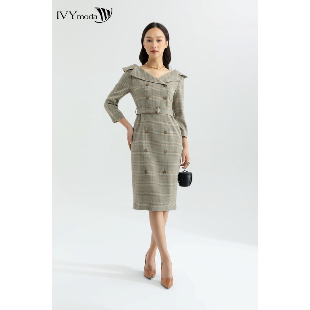Đầm kẻ cổ cách điệu IVY moda MS 48M6009