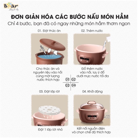 Nồi nấu chậm Bear DDZ-C25R6 dung tích 2.5L thố đất tử sa, nấu cháo hầm gà đa năng tiện lợi - Bảo hành chính hãng