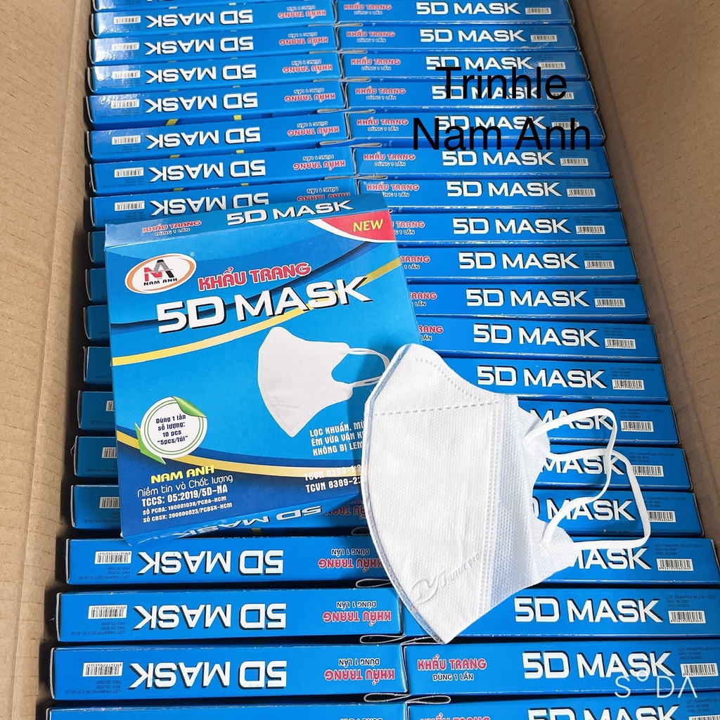 Khẩu trang 5D Nam Anh màu trắng, đen, xanh rêu, xám hộp 10 cái- tân bình