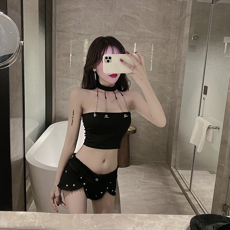 Set đồ gợi cảm đi bar đi chơi áo ống đen hở vai phối xích nối vòng cổ áo+quần ngắn đen ulzzang ( có bán riêng ) | BigBuy360 - bigbuy360.vn